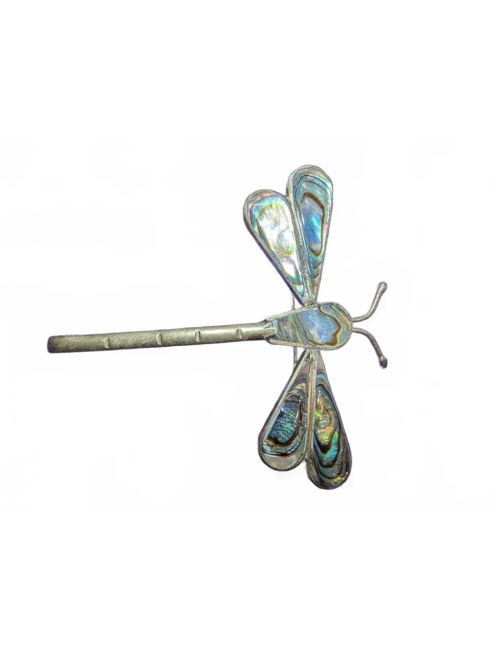 Vintage Alpaca Mexico Dragonfly Brooch with Abalone Inlay and Silver Tone Metal